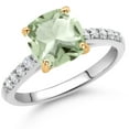 thumbnail image 2 of Gem Stone King 925 Sterling Silver and 10K Yellow Gold Green Prasiolite and White Lab Grown Diamond Engagement Ring for Women (2.25 Cttw, Cushion 8MM, Gemstone Birthstone, Size 6), 2 of 4