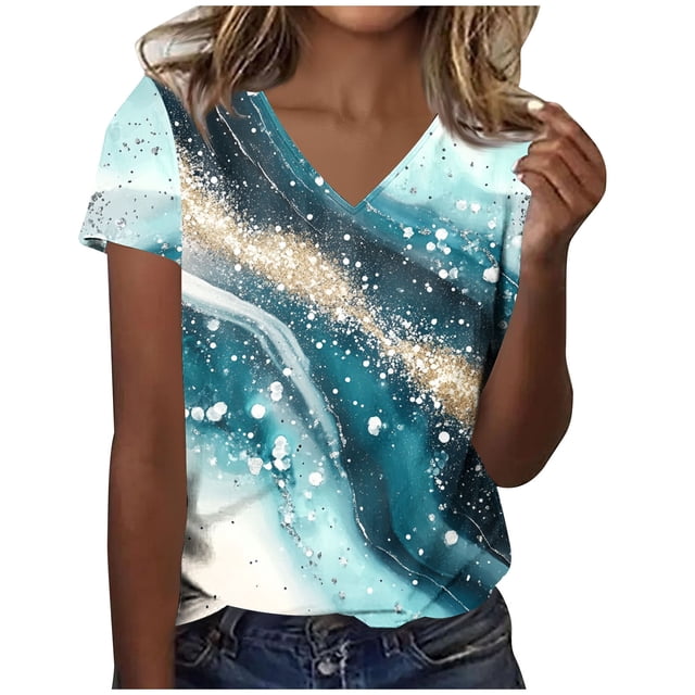 Blusas de Manga Corta para las Mujeres Impresión de Verano V-Cuello Blusa de Manga Corta, Poliéster Casual Top para las Mujeres, Lavado a Mano Toda la Temporada