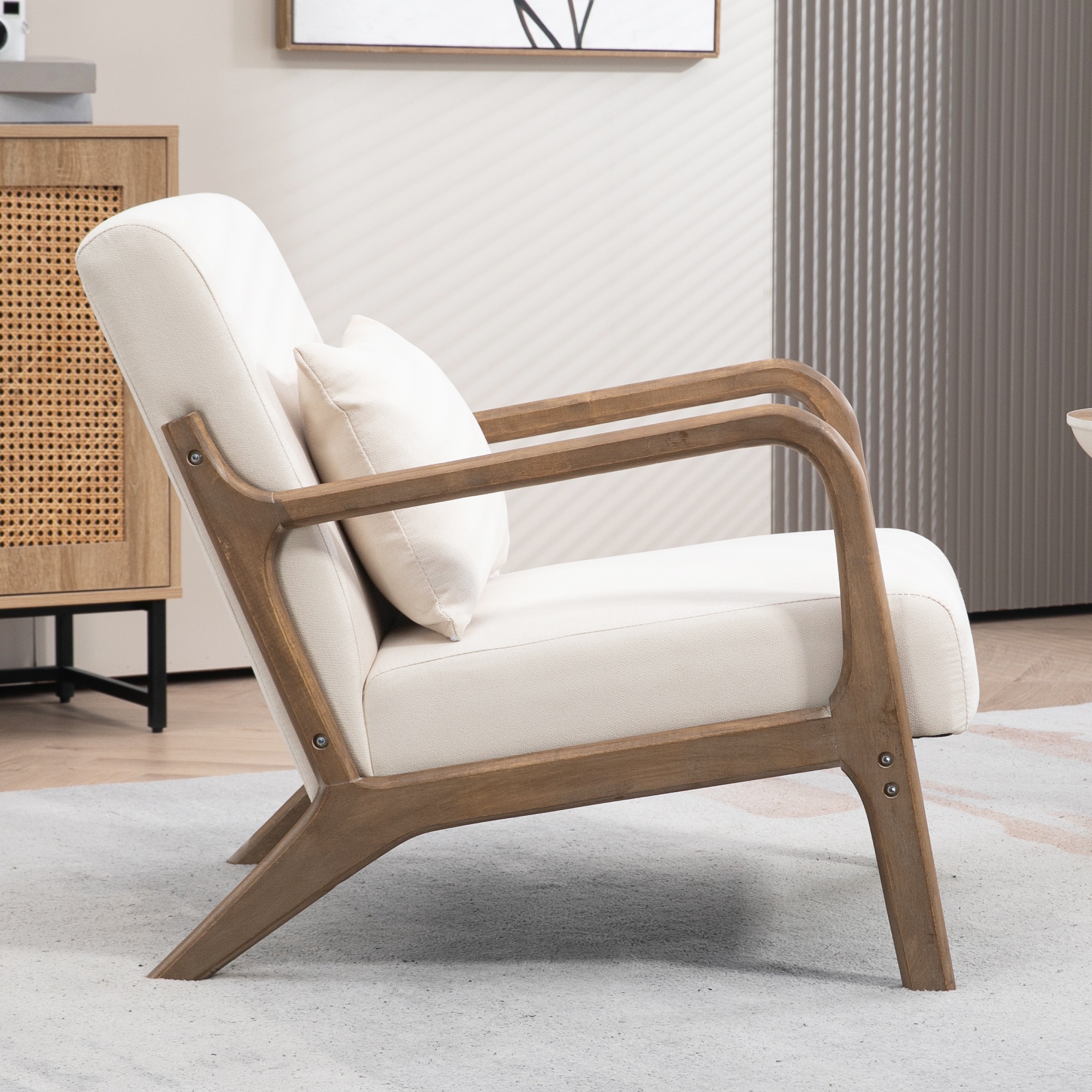 PORKISS Modern Arm Chair Velvet Fabric Upholstered Comfy Reading Accent Chair with Solid Wood Frame and Pillow, Armchair Comfort Club Chair Lounge Chair for Living Room Bedroom Sunroom, White #1