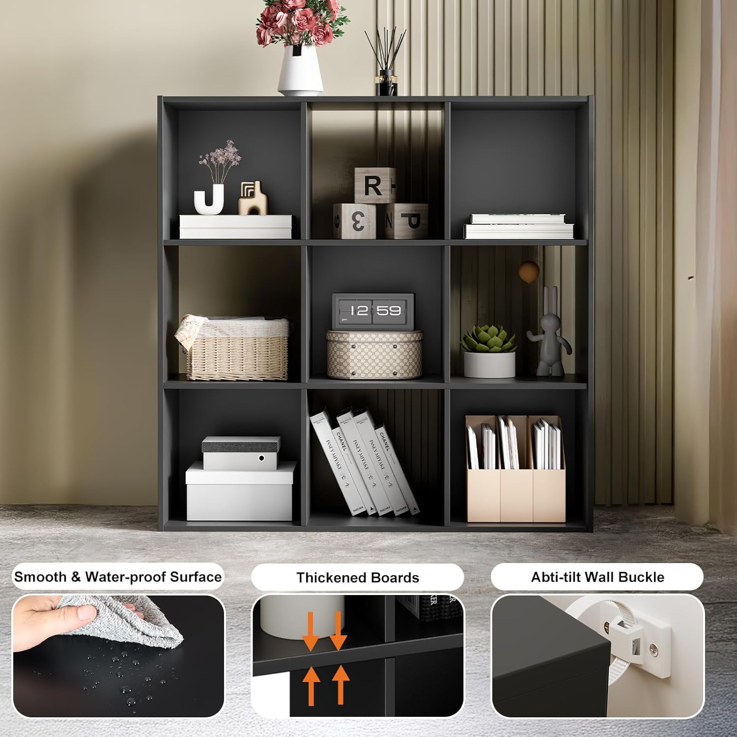 Cube Bookshelf Black, 9 Cube Storage Organizer Bookcase, Display Bookcase, TV Stand, for Living Room, Home Office, Bedroom