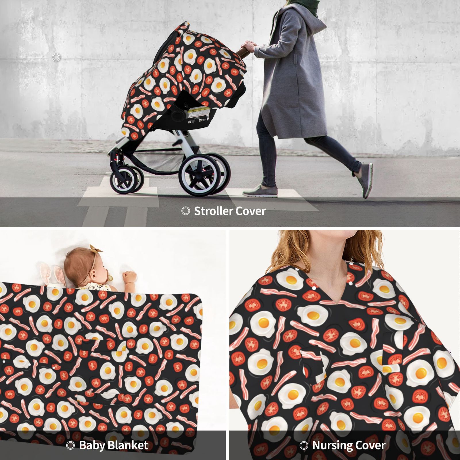 Car Seat Cover Baby - Tomato Bacon Omelette Breathable Infant Car Seat Cover for Baby Carseat, Lightweight Comfort Baby Essentials Must Haves Newborn Stuff for Girl Boy