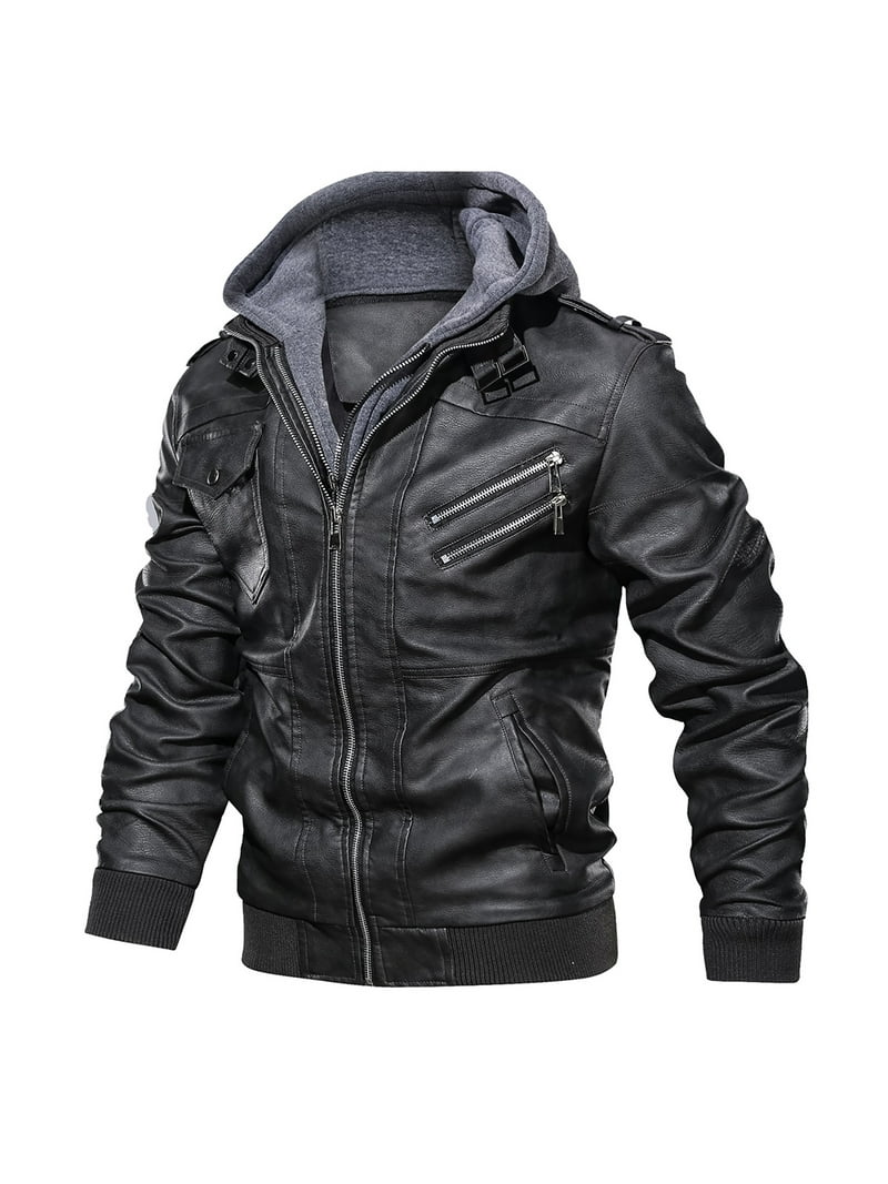 HOOD CREW Men's PU Faux Leather Jacket, Removable Hood, Black