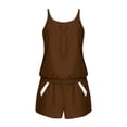 thumbnail image 4 of Costeam Womens Contrast White Trim Spaghetti Strap 2 Piece Outfit Set Loose Sleeveless Tank Top and Pull On Shorts with Side Pockets Elastic High Waist Solid Color Casual Matching Loungewear Suit, 4 of 9