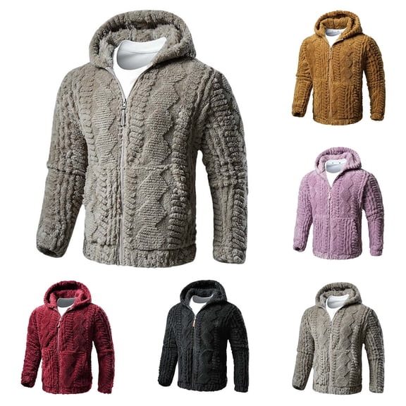RYDCOT Mens Fuzzy Sherpa Pullover Hoodie Sweatshirts Long Sleeve Sport Double Side Pockets Military Fall Winter Outwear Winter Hooded Wine