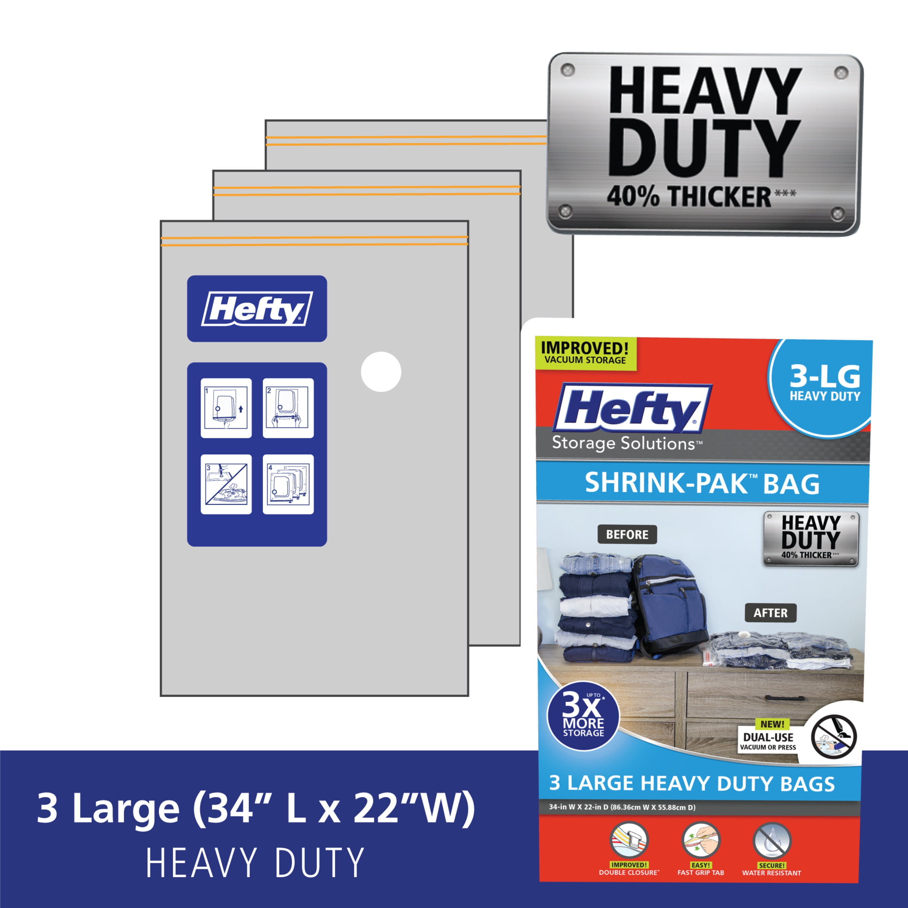 Hefty Shrink-Pak 3 Large Heavy Duty Bags, Clear