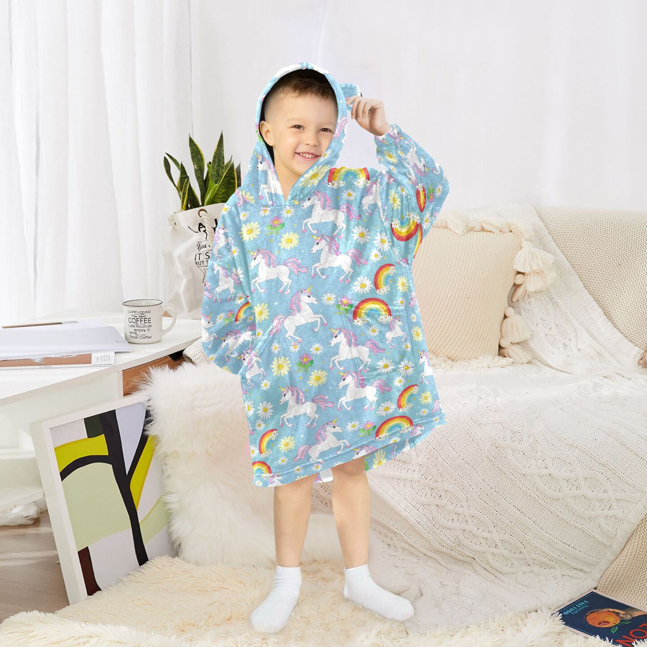 Wearable Blanket Hoodie for Kids Rainbow White Unicorn Flower Flannel Hooded Blanket with Pockets and Sleeves Suitable for Boys and Girls