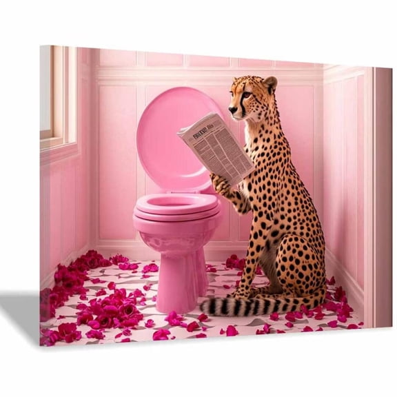 Mudket Framed Cheetah Reading Newspaper on Pink Toilet Canvas Wall Art, Funny Leopard Print Bathroom Wall Decor, Cute Animal Wall Art Ready to Hang - 12"L x 8"W
