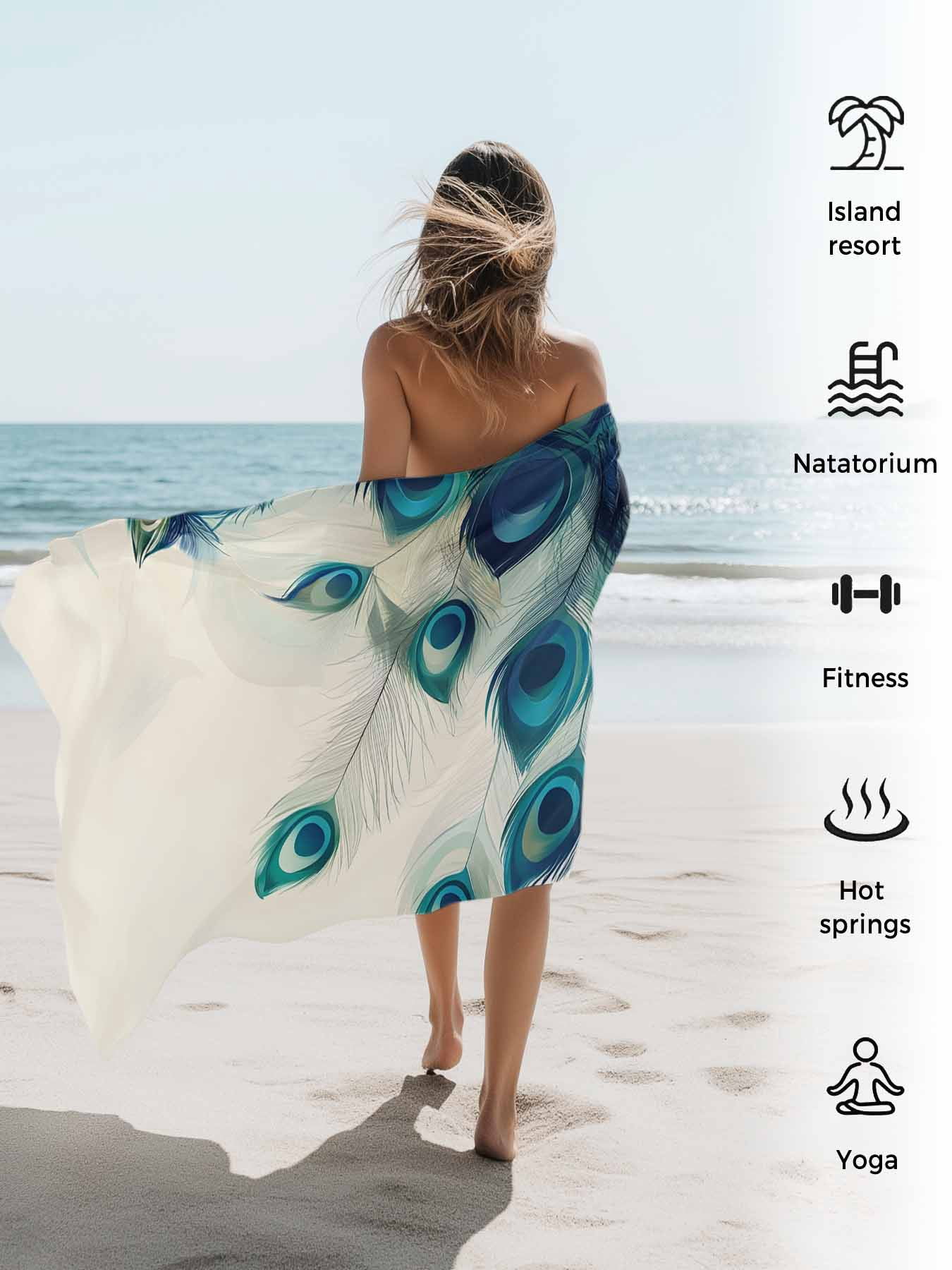 Teal Turquoise Peacock Print Beach Towels Blanket Soft & Absorbent Quick Dry Microfiber Cream Color Pool Towels for Swimming ,Yoga, Sports, Gym, Camping,Large 30X60in,
