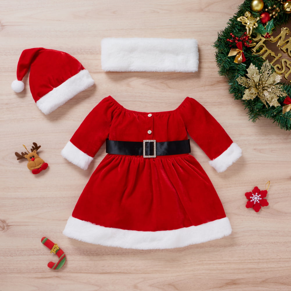 Infant Baby Girls Christmas Santa Claus Costume Dress with Shawl Hat Xmas Outfit 