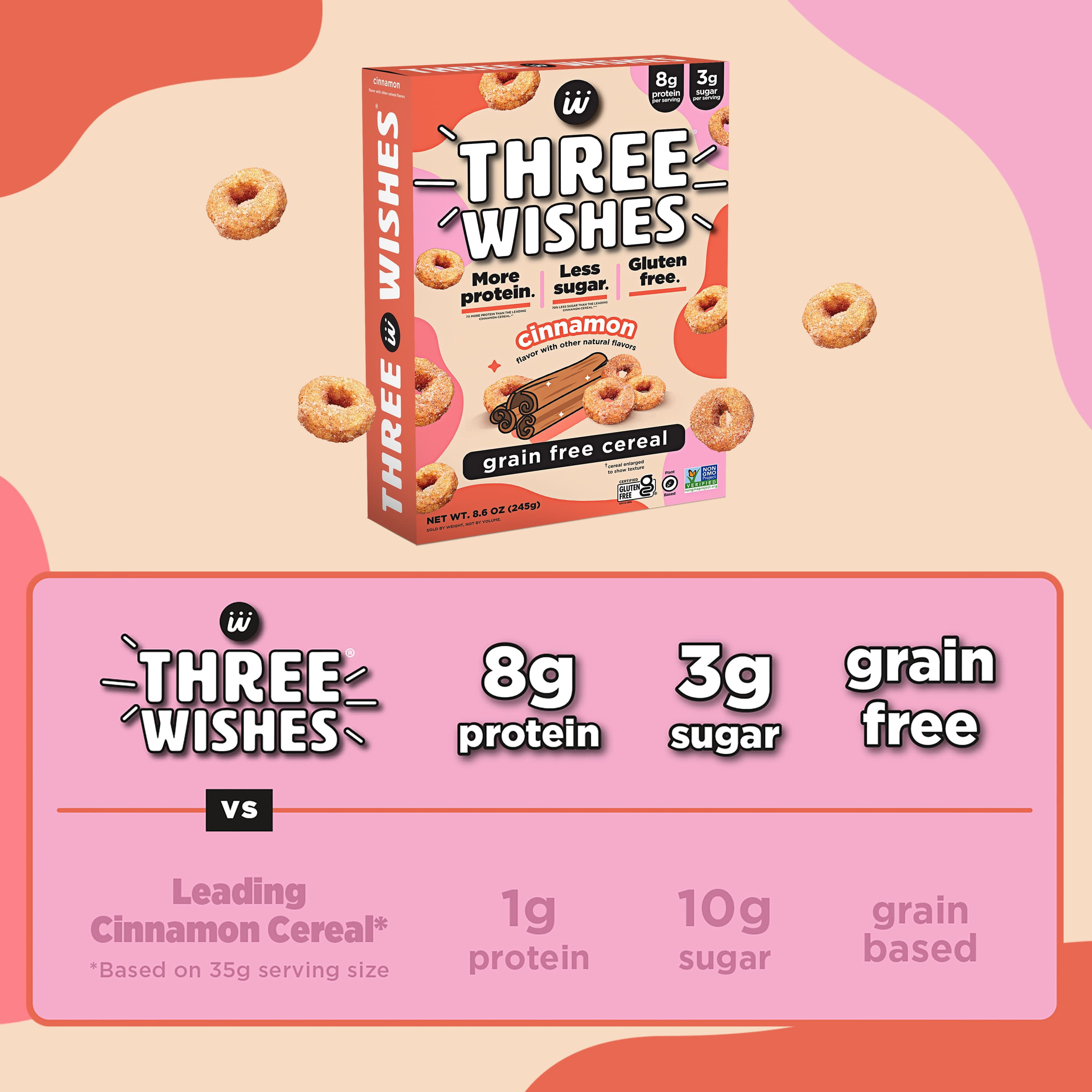 (6 pack) Three Wishes Grain Free Cereal, Cinnamon, Gluten-Free