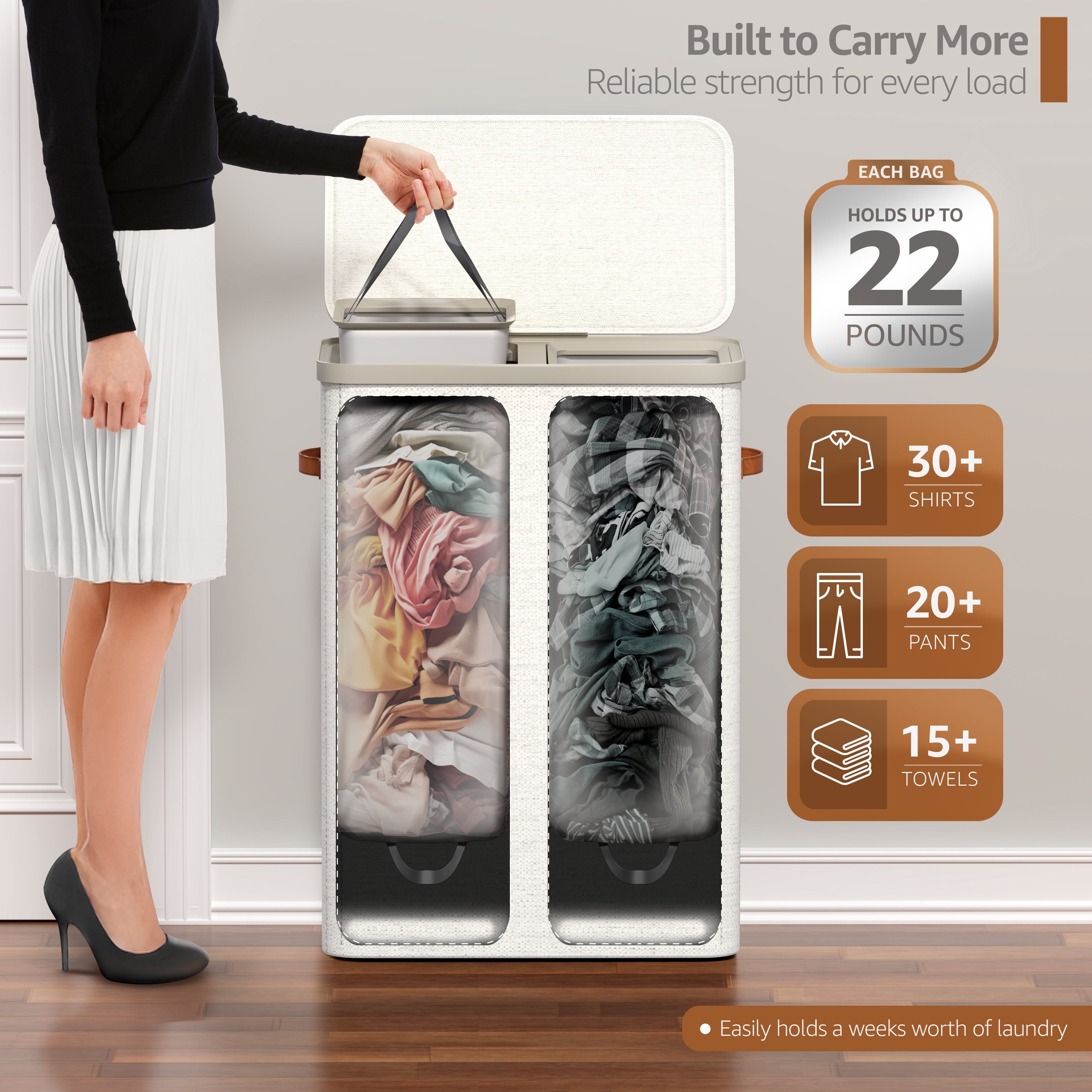 Sorbus Collapsible Fabric Laundry Hamper with Removable Bag, 2-Compartment, Beige