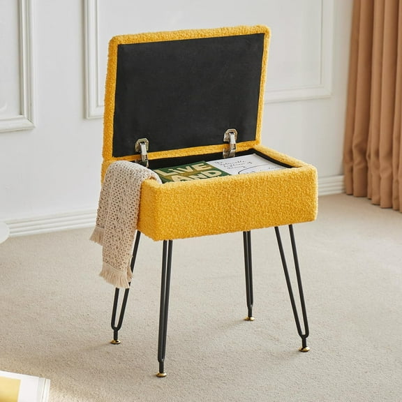 Vanity Stool Chair, Faux Teddy Fur Ottoman Foot Stool with Metal Legs & Adjustable Black Feet, Flip Top Storage Makeup Stool with Soft Padded Seat, Foot Rest for Makeup Room Bedroom, Yellow