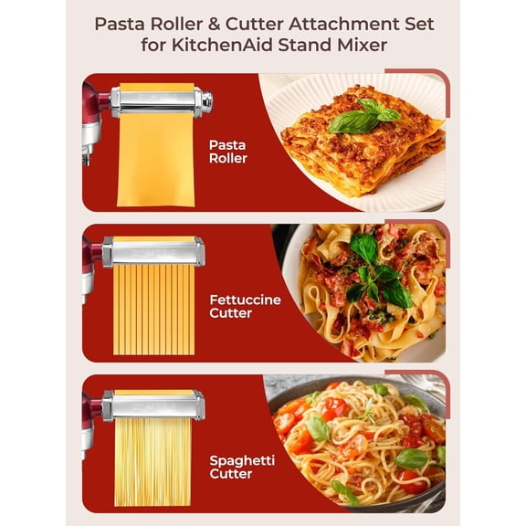 Pasta Maker Attachment for Stand Mixer, Pasta Maker Accessories Set Included Pasta Roller, Fettuccine Cutter, Spaghetti Cutter and Cleaning Brush, Homemade Fresh Noodles and Italian Cuisine