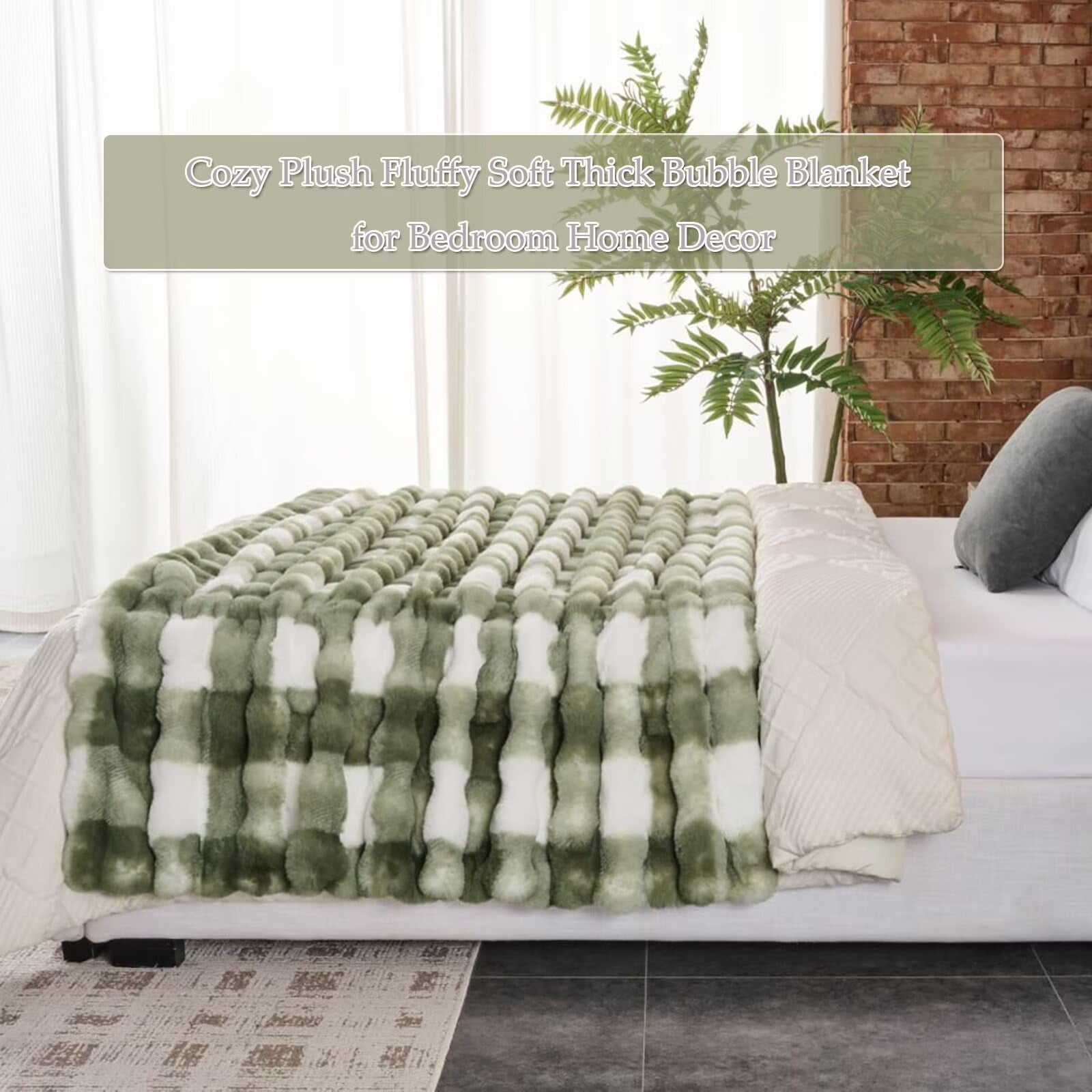 760GSM Faux Rabbit Faux Fur Throw Blanket,Super Thick Warm Bubble Blanket Throw,Fuzzy Luxury Plush Decorative Blanket for Couch Bed Sofa(Sage Green Grid Print,60''x 80'')