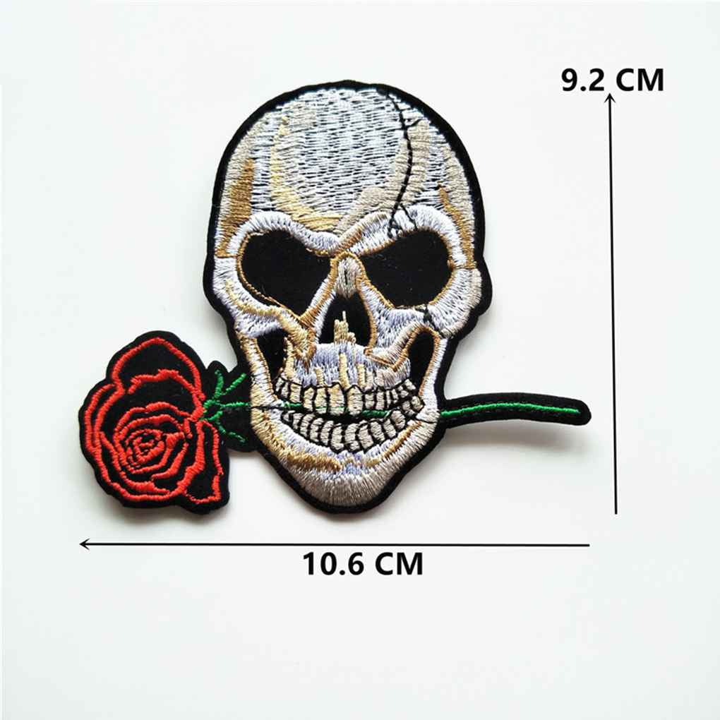 Sew On Patch Clothes Badge Transfer Black Skull Rose Flower Embroidered Iron 