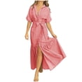thumbnail image 2 of ClodeEU Women's V Neck Short Sleeve Wrap Maxi Dress,Casual Flowy A-Line Sundress with Waist Tie and Slit Hot Pink,Women's Plus S, 2 of 5