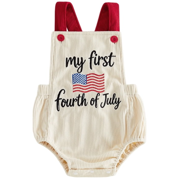 Cenuakty Infant 4th of July Romper3M 6M 12M 18M Letter Flag Embroidery Corduroy Overalls Independence Day Patriotic Outfit