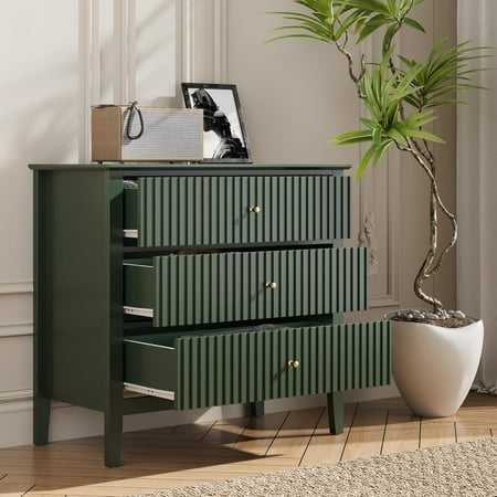 Sunvivi Fluted 3 Drawer Dresser with Spacious Storage and Ball Bearing Slides, Green