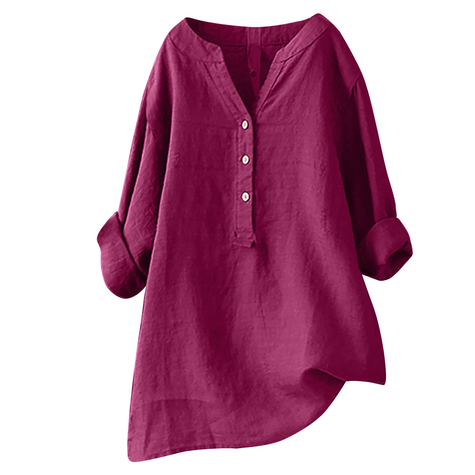 Women Cotton Linen Shirt Long Sleeve Casual V Neck Button Up Blouse Summer Top