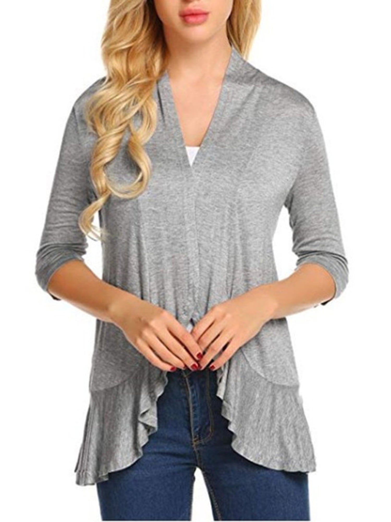 Cardigan Décontracté Léger pour Femmes à devant Ouvert, Uni, Manches 3/4, Col Ample, Cardigan à Volants Drapés