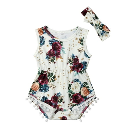 

0-24M Cute Newborn Baby Girl Sleeveless Floral Tassel Ball Princess Romper Jumpsuit Headband 2PCS Outfits Summer Sunsuit Clothes
