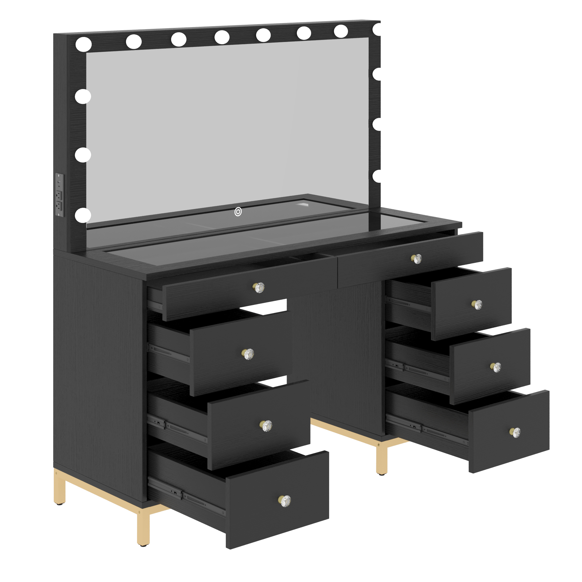 Uforic Black 8-Drawer Makeup Vanity Desk with Dimmable Hollywood LED Mirror USB-C & 2 AC Outlets
