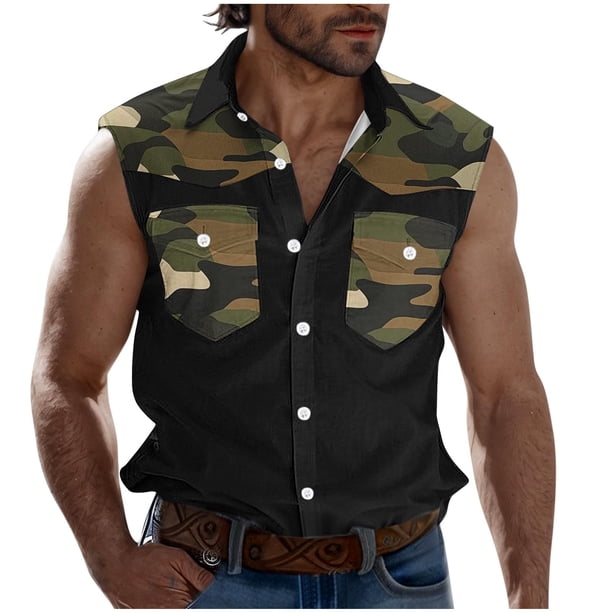Camisas de Cuello para Hombres, Moda Casual Día de la Independencia Imprimir Turndown Bolsillos sin Mangas Tanque Deportivo