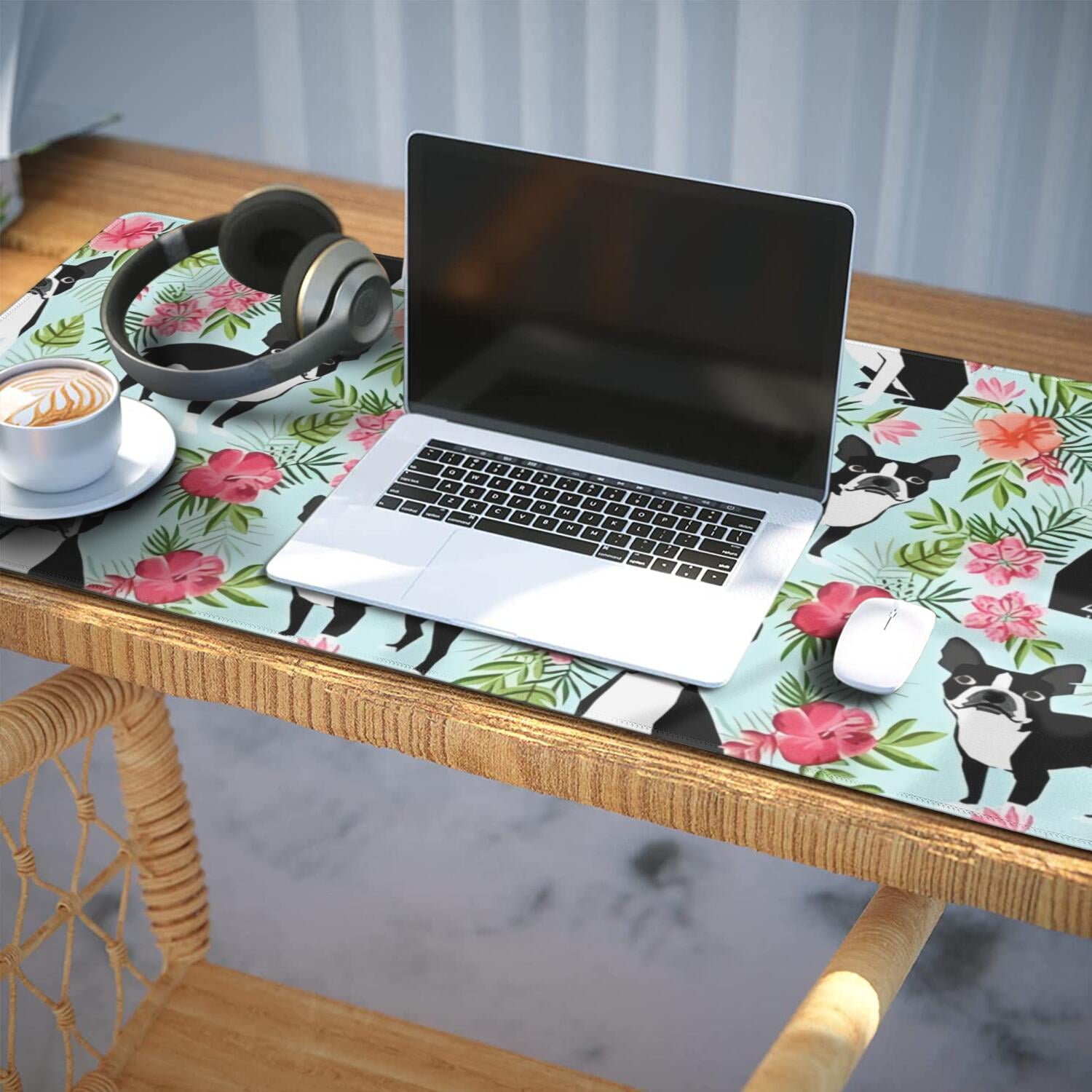 Long Mouse Pads for Desk,Boston Terriers and Pioneer Flower Desk Mats on Top Of Desks, Desk Mouse Pad Extra Large with 3mm Non-Slip Base and Stitched Edge for Gaming,Office,Work,Home 35.4"x15.7"