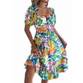 thumbnail image 3 of Women's Short Sleeve A Line Dresses Square Neck Flowy Floral Smocked Midi Dress for Casual Green M, 3 of 10