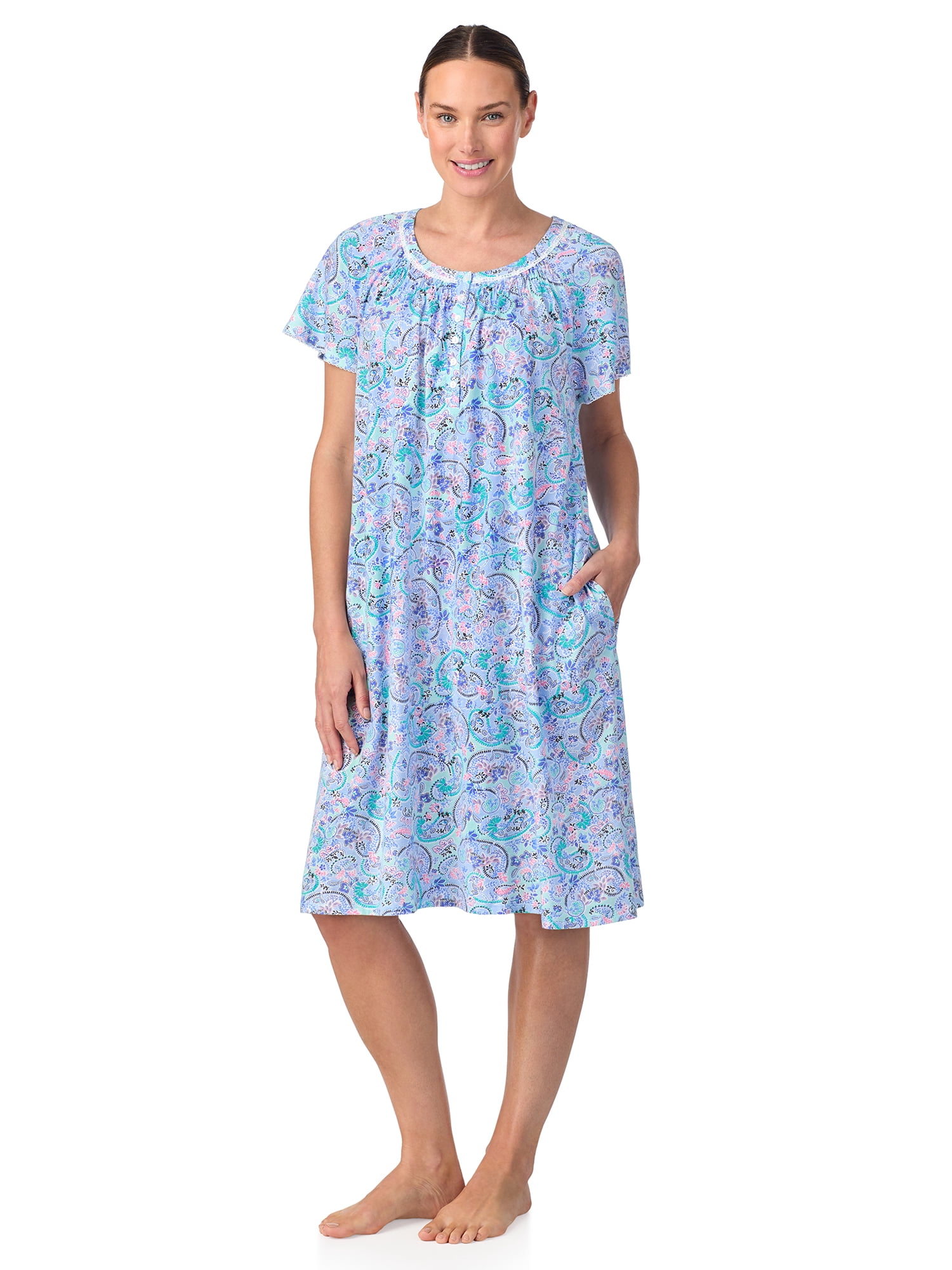 Aria Women's 100% Cotton Raglan Sleeve Smocked Neck Sleepwear 40" Gown, Sizes XS-5X
