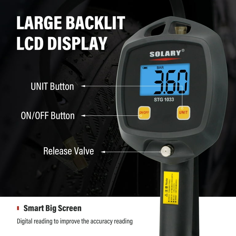 Solary Digital Tire Inflator with Pressure Gauge, 255 PSI LED Display Tire  Inflator Gauge with Rubber Hose for Car Motorcycle Bike Truck 