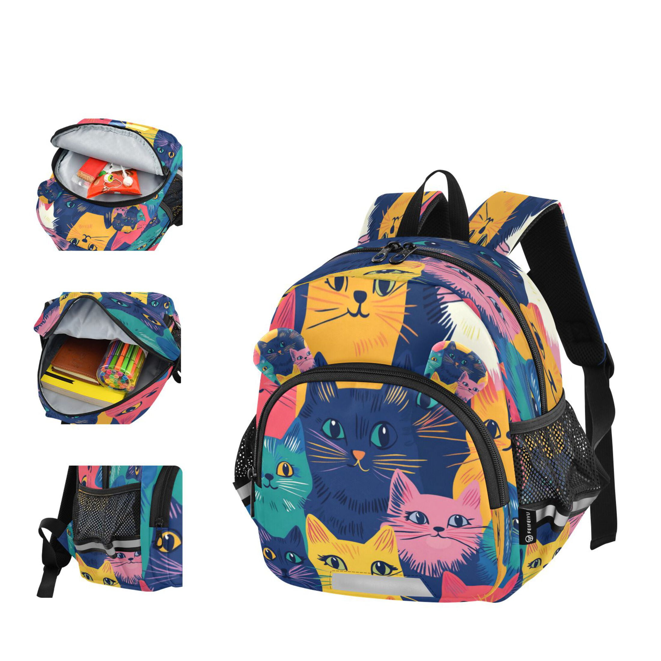 RMDQTR Adorable Ear-Print Backpack with Reflective Strip and Anti-Lost Leash Adjustable Shoulder Straps Mini Travel Backpack Cute Colorful Cats Pattern