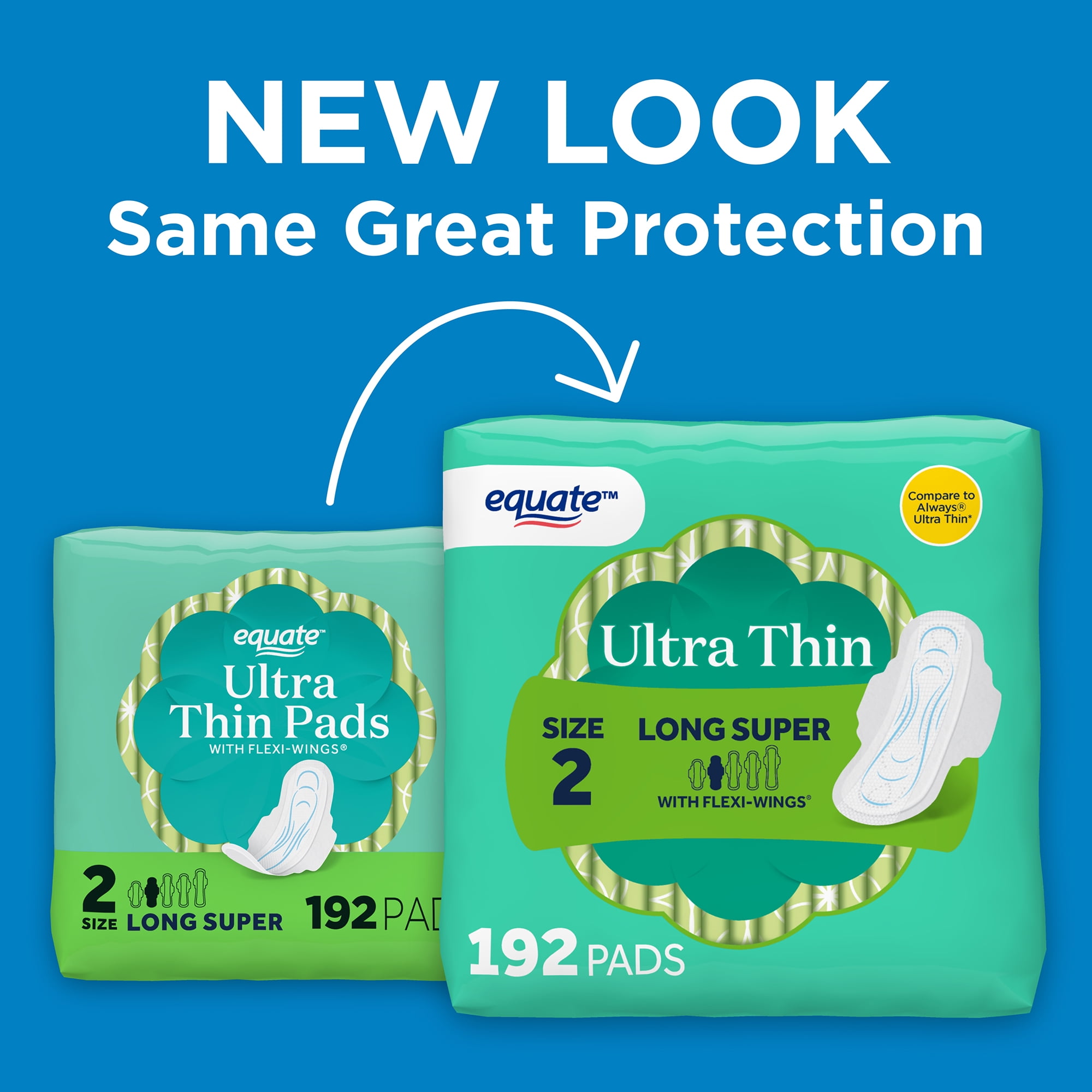 Equate Ultra Thin Pads with Wings, Size 2, Long Super Absorbency, Compare to Always (192 Count)