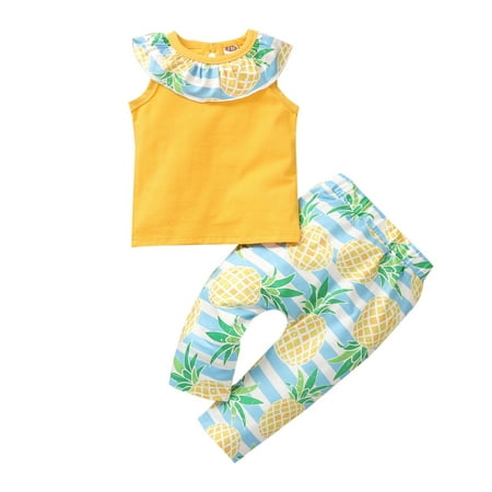 

YWDJ 0M-3T Girls Outfit Sets Newborn Infant Sleeveless Solid Color Vest Tops+Floral Pants Set Yellow 70