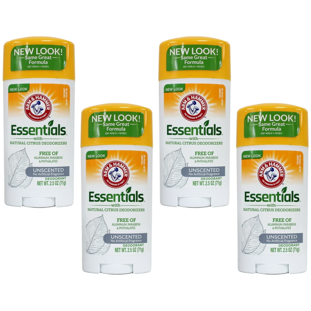 4 Pack Arm & Hammer Essentials Deodorant Solid, Unscented 2.5 Ounce