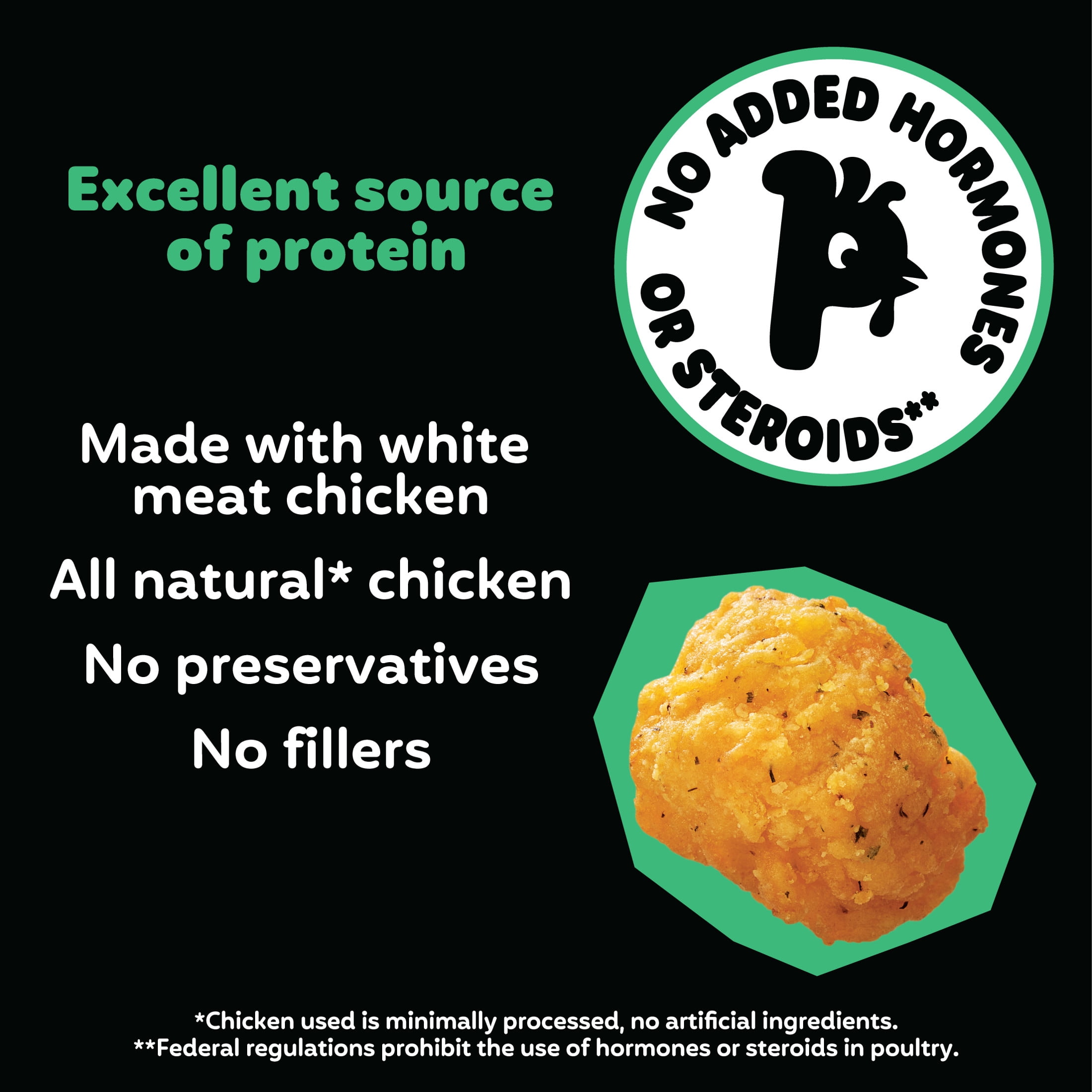 Pilgrim's Fully Cooked Dill Pickle Seasoned Popcorn Chicken Popcorn Shaped
Breaded Chicken Breast Patties with Rib Meat 1.5 lb, 11g of Protein, Serving Size 7 Pieces