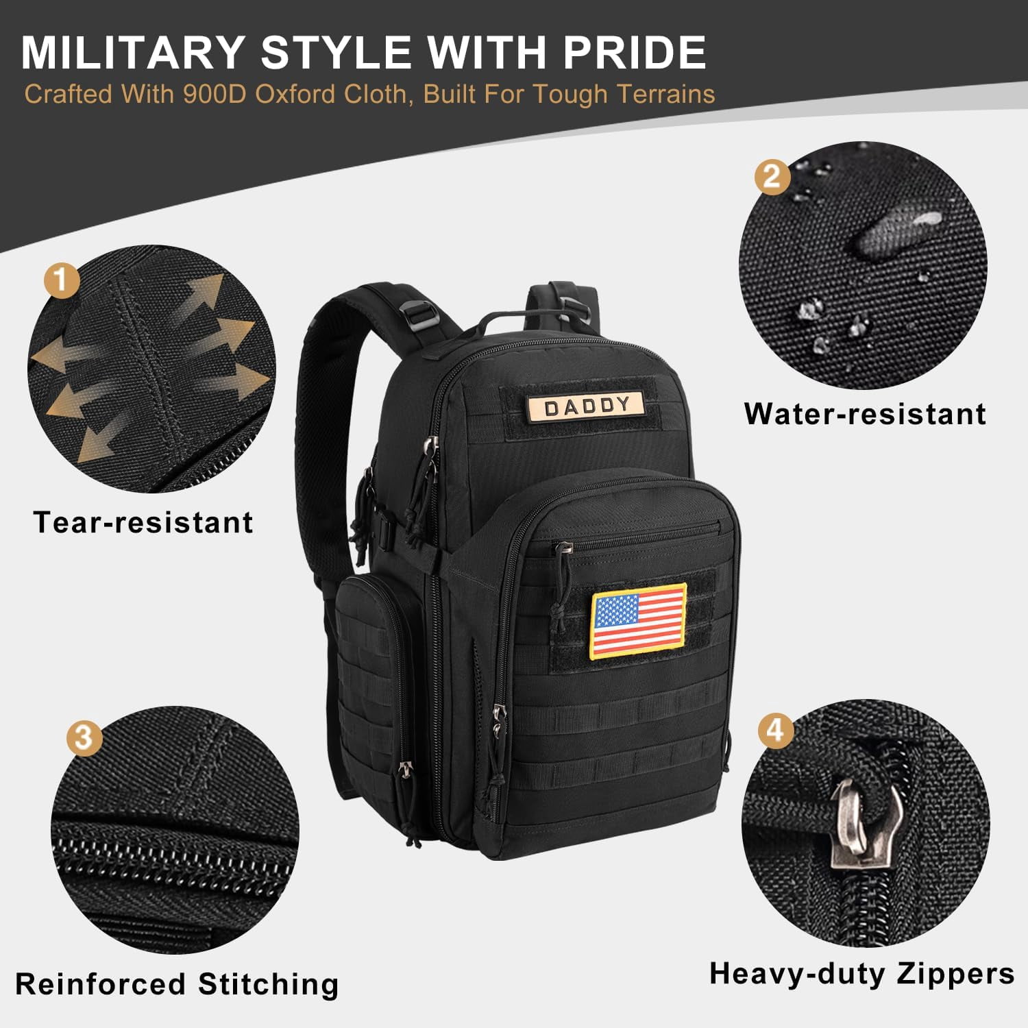 MIRACOL Diaper Bag Backpack for Dad: 40L XL Capacity Fits 1-3 Days Trip - Military Style with Daddy Patch for Active Dads - Ideal Gift for New Fathers & Husbands