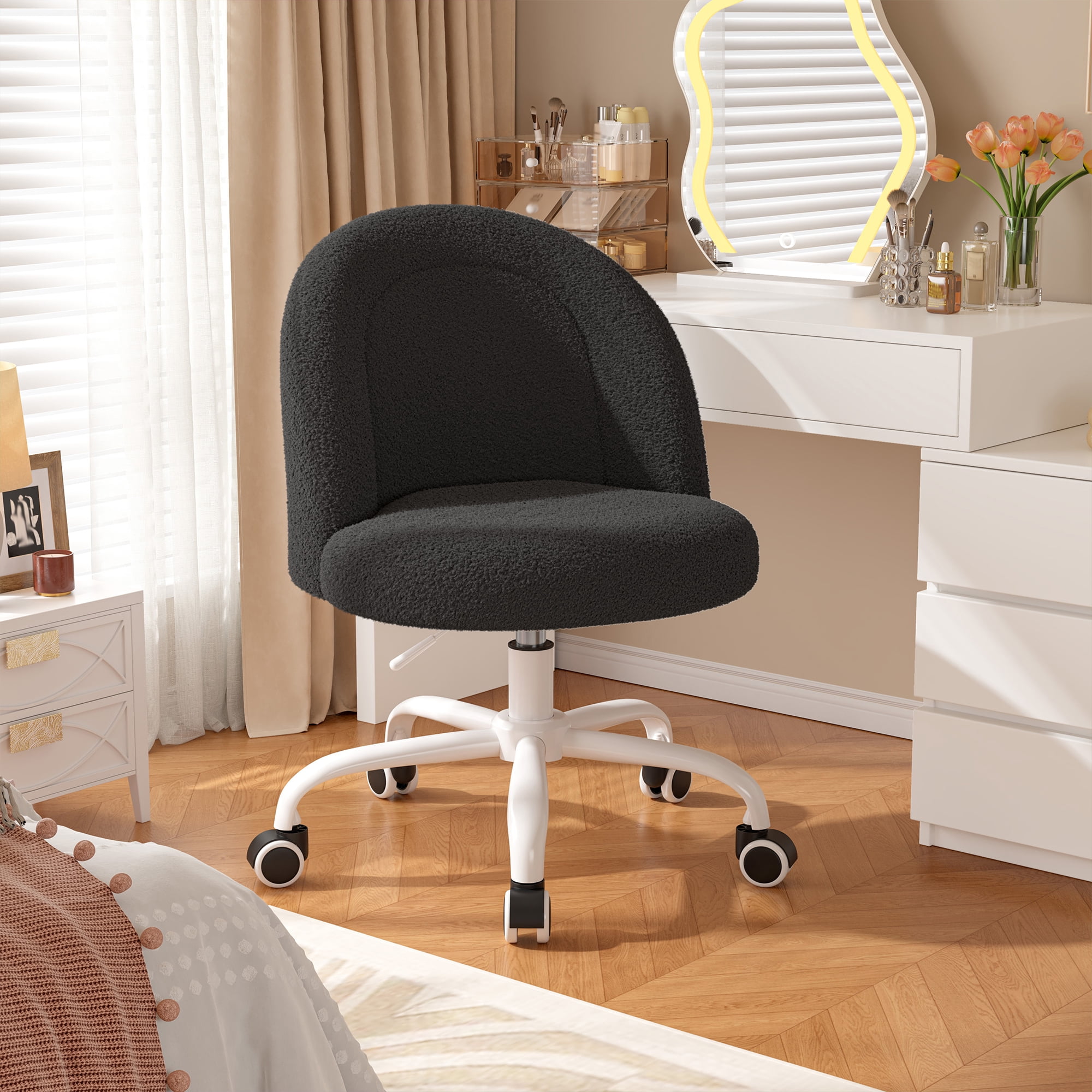 Romorgniz Vanity Chair Height Adjustable Desk Chair with Wheels, Armless Office Chair with Soft Lumbar Support for Small Space, Bedroom, Home office, Black