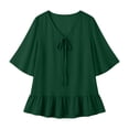 thumbnail image 4 of Tqcoqu Women's Solid Loose Flowy Casual Chiffon Blouse Top,V Neck Tie Front 3/4 Flared Bell Sleeve Ruffle Hem,Green Women's S-XXXL, 4 of 7