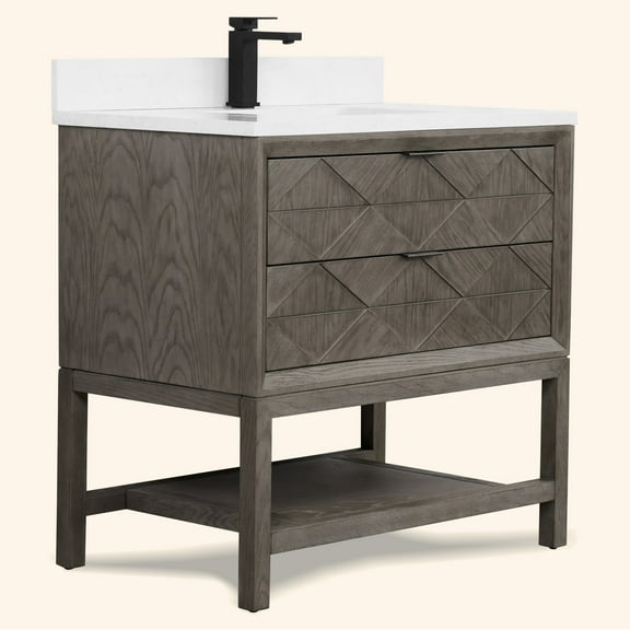 Legion Furniture 36" VANITY GREY OAK FINISH KD ON LEGS  WITH 1" THICK WHITE ARTIFICIAL STONE
