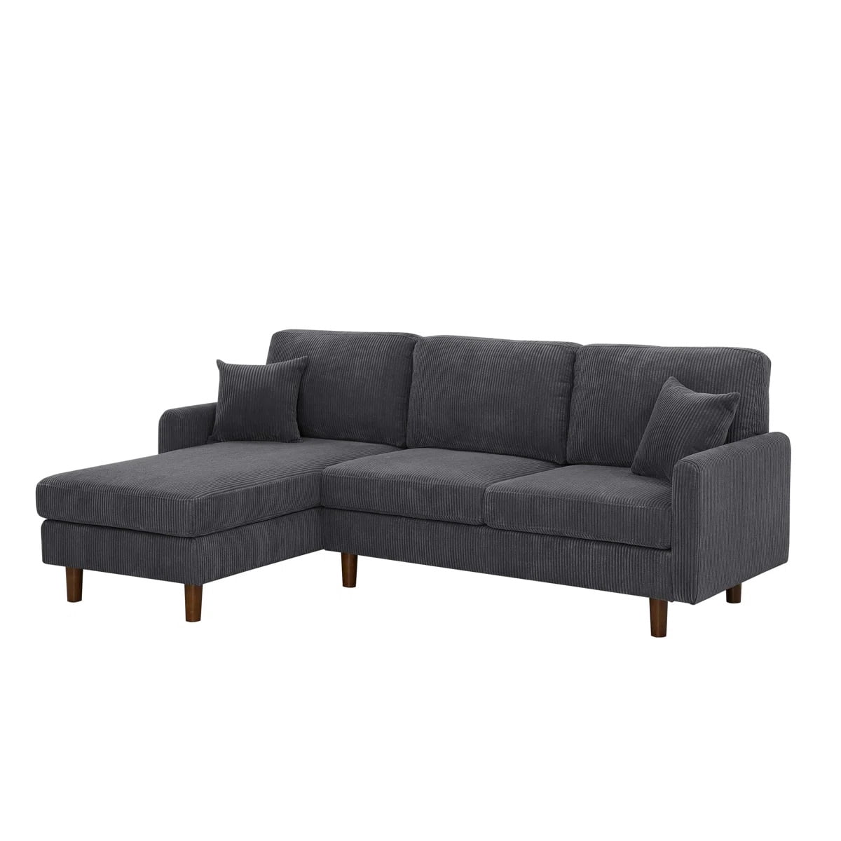 L-Shaped Sectional Sofa Couch for Living Room,Modern Corduroy Upholstered with Wooden Legs & Pillows,Deep Seat,Dark Gray