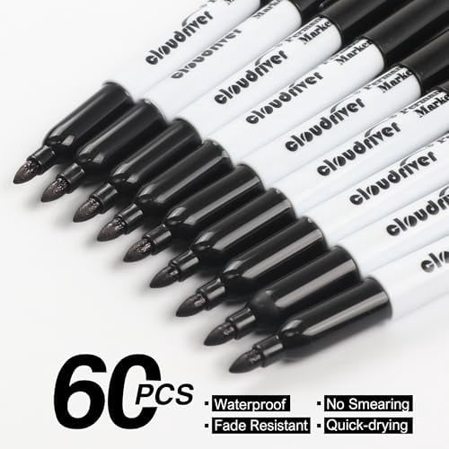 Black Permanent Markers Fine Tip, 60 Packs Permanent Markers Bulk, Quick Drying & Fade Resistant, Permanent Marker Set Works on Plastic,Wood,Stone,Metal and Glass for Doodling, Marking$$Office