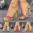 thumbnail image 2 of High Heeled Sexy Sandals for Women Color Block Rhinestone Strap Summer Beach Vacation Dress Shoes Ankle Strap Stilettos Pink Size 6, 2 of 7