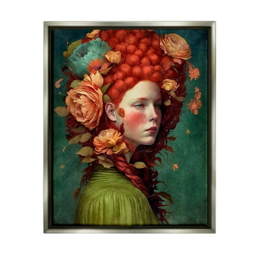 Stupell Industries Woman with Peonies Portrait Botanical & Floral Painting Gray Floater Framed Art Print Wall Art, 17 x 21