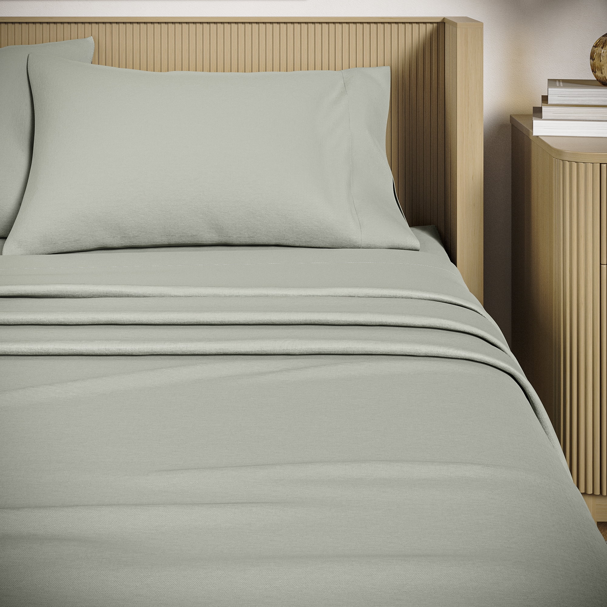 Beautiful Solid 4-Piece 100% Cotton Washed Percale Sage Green Sheet Set, Full by Drew Barrymore