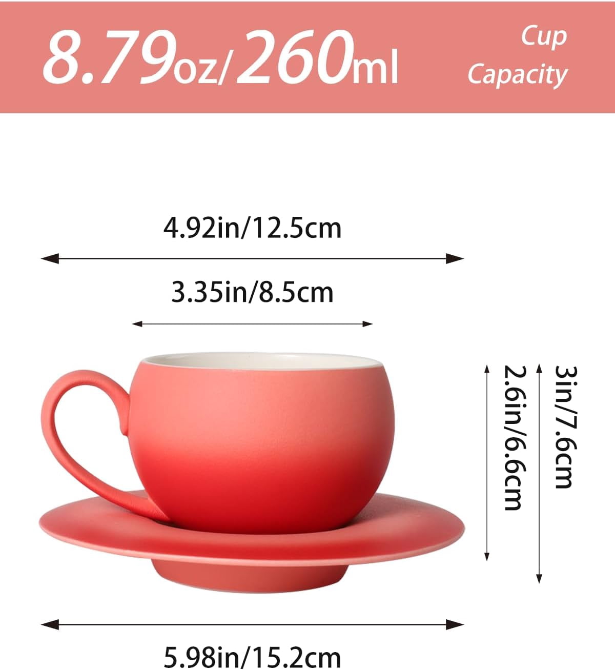 ABCISI Ceramic Coffee Cup with Saucer, 8.8 Oz  Lovely Round Shape Cafe Cup with Excellent Insulation Properties for Latte, Cappuccino, Espresso, Mocha, Coffee, Tea Cup Set,Pink