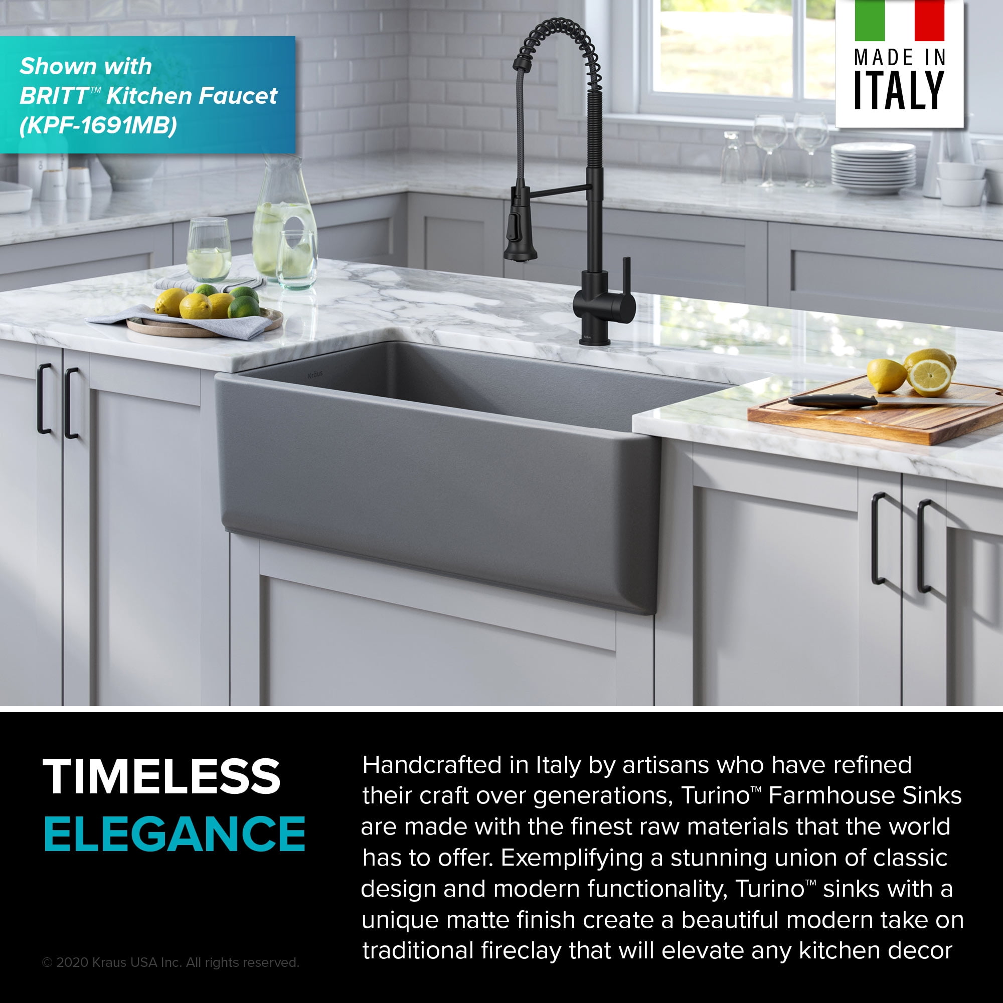Kraus Turino 33 inch Farmhouse Reversible Apron Front Fireclay Single Bowl Kitchen Sink in Matte Grey