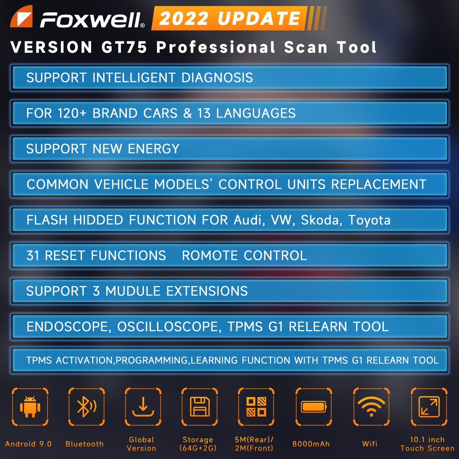 Foxwell GT75 Advanced Automotive Bi-directional Diagnostic Scan Tool OBD2 Scanner All System Car Scanner 33+ Maintenance Reset Services ECU Reset Active Test Bluetooth OBDII EOBD Code Reader Tablet