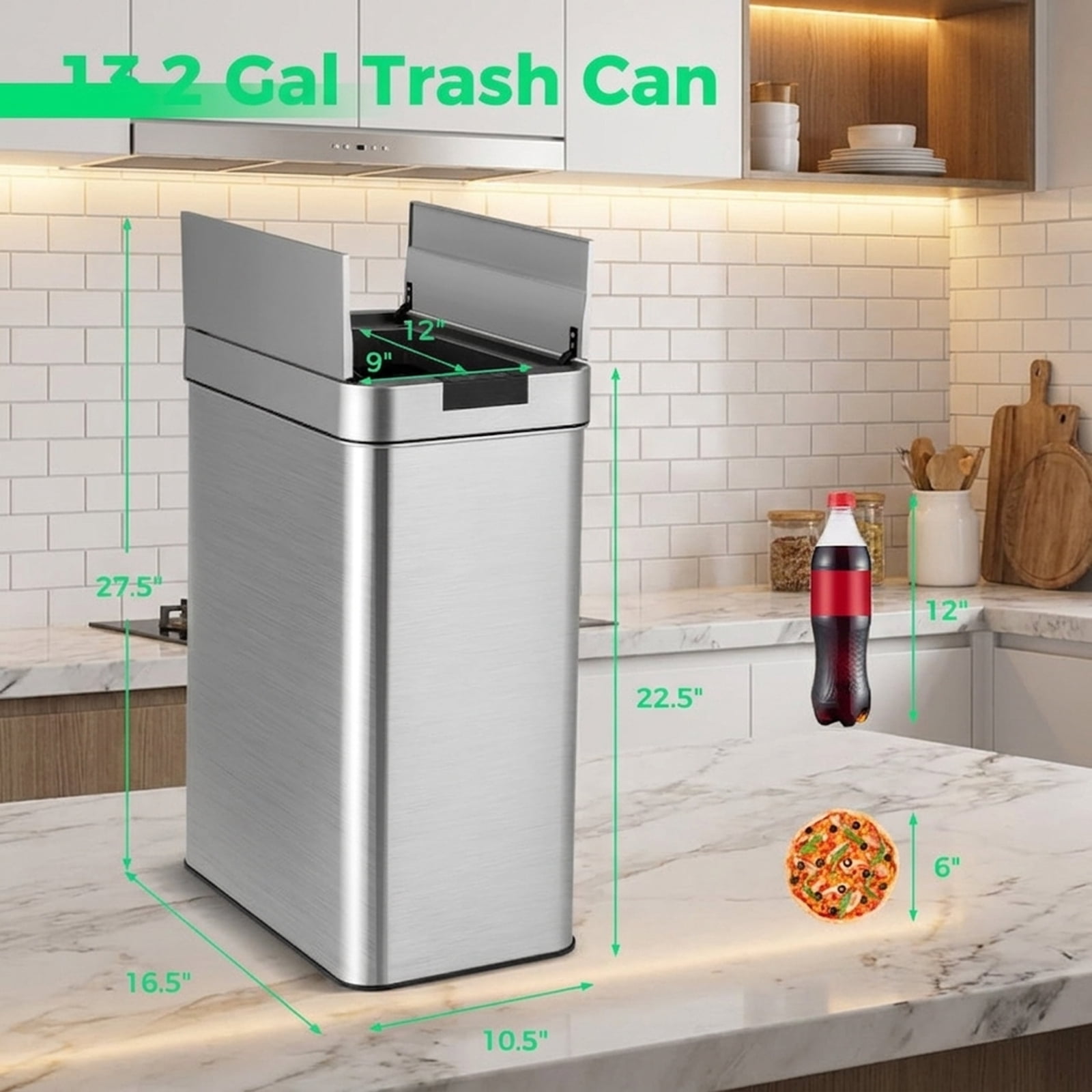 RUIE 13.2 Gallon Slim Kitchen Trash Can with Sensor, Stainless Steel Motion Sensor Garbage Can with Wing Lids, Silver