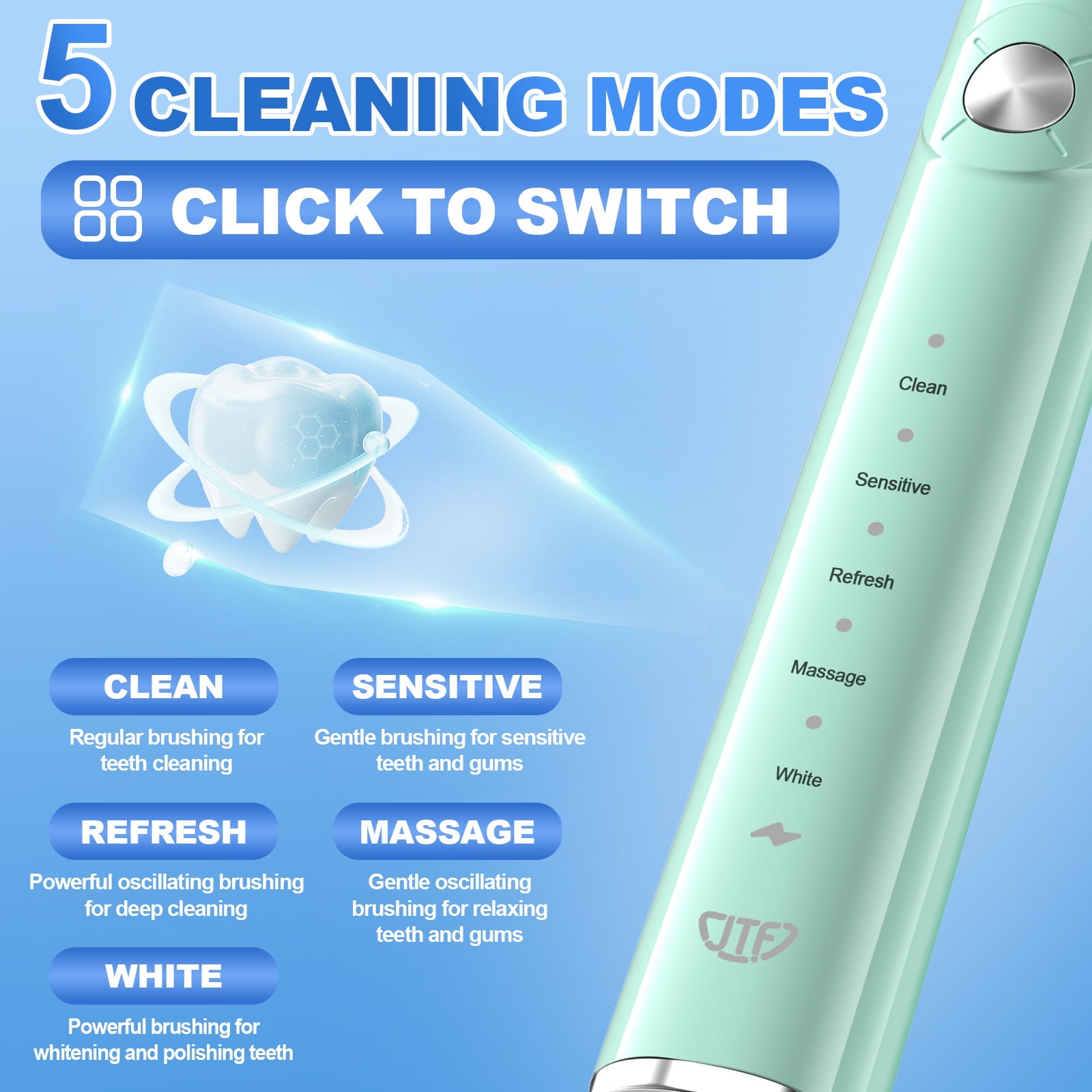 JTF Sonic Electric Toothbrush for Adults and Kids with Travel Case and 6 Brush Heads, 5 Modes 40000 VPM Rechargeable Power Toothbrush with Wireless Charger, IPX7 Waterproof 60-Day Battery Life, Green